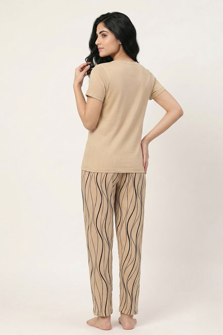 Zivame Wavy Stripes Knit Cotton Pyjama Set - Warm Sand — image 2